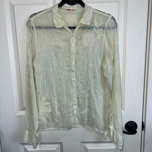 Johnny Was Sheer Embroidered Angel Long Sleeve Button Down Blouse Size Medium